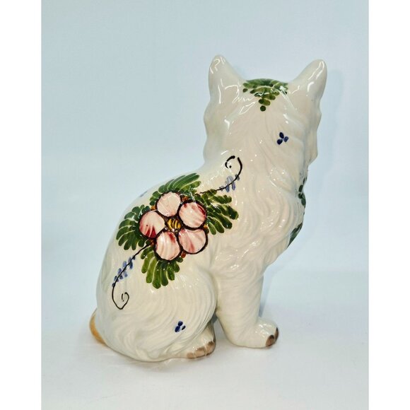 Handpainted Delft Style Ceramic Cat Figurine 5.5" Tall With Floral Design - Picture 3 of 7